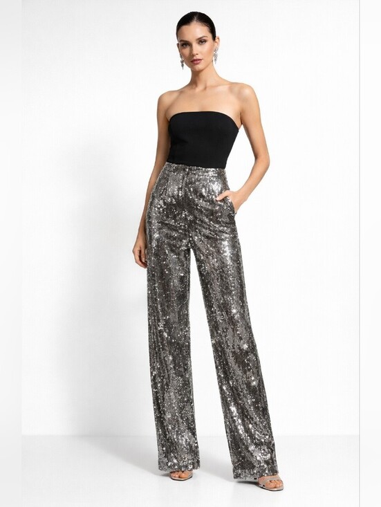 a new day Pants - a new day Silver Sequin Wide-Leg Pants Evening Silver Gray 6